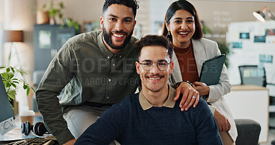 Buy stock photo Group, employee portrait and smile for coding, programing and software engineer system update in office. About us, creative people and happy for project management, teamwork and data development