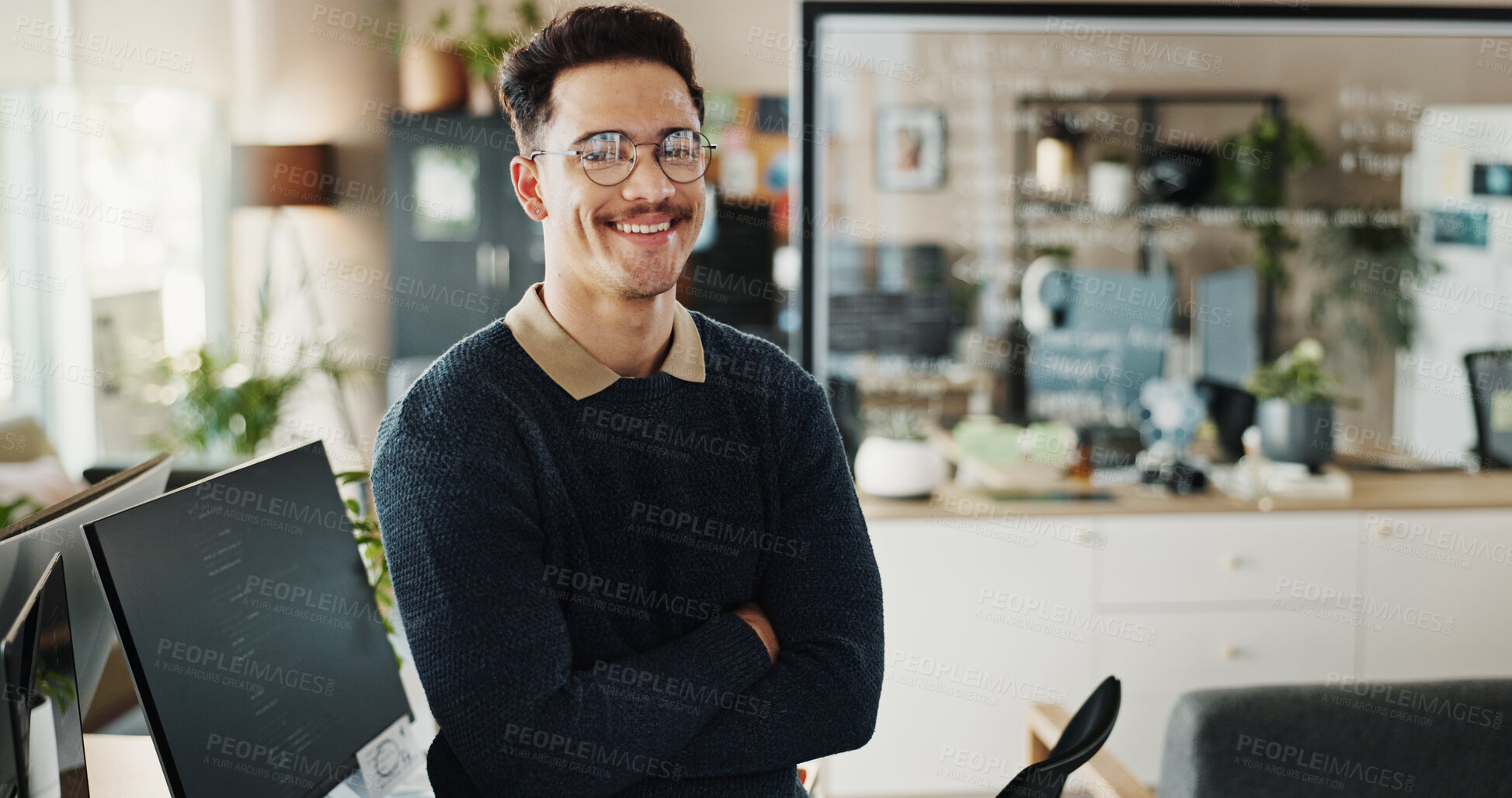 Buy stock photo Man, programmer and arms crossed for portrait in office of software development, web maintenance and coding. Male developer, confident or computer of programming, system update and script application