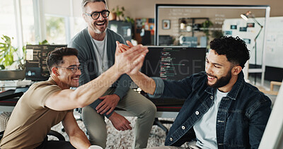 Buy stock photo Group, employee and high five with smile for coding, programing or software engineer system update. Celebration, creative people and happy for project management success, teamwork or data development