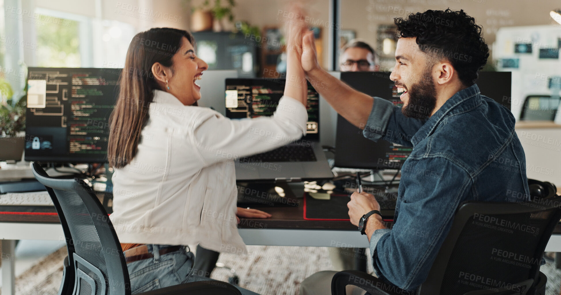 Buy stock photo Team, employee high five and smile for coding, programing and software engineer system update. Celebration, creative people and happy for project management success, partnership and data development