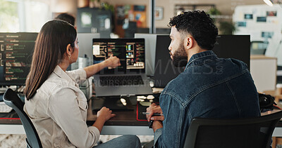 Buy stock photo Teamwork, developer and coding training on computer screen in office for testing web application and troubleshooting. Programming, woman and advice to man on developing software solution at startup