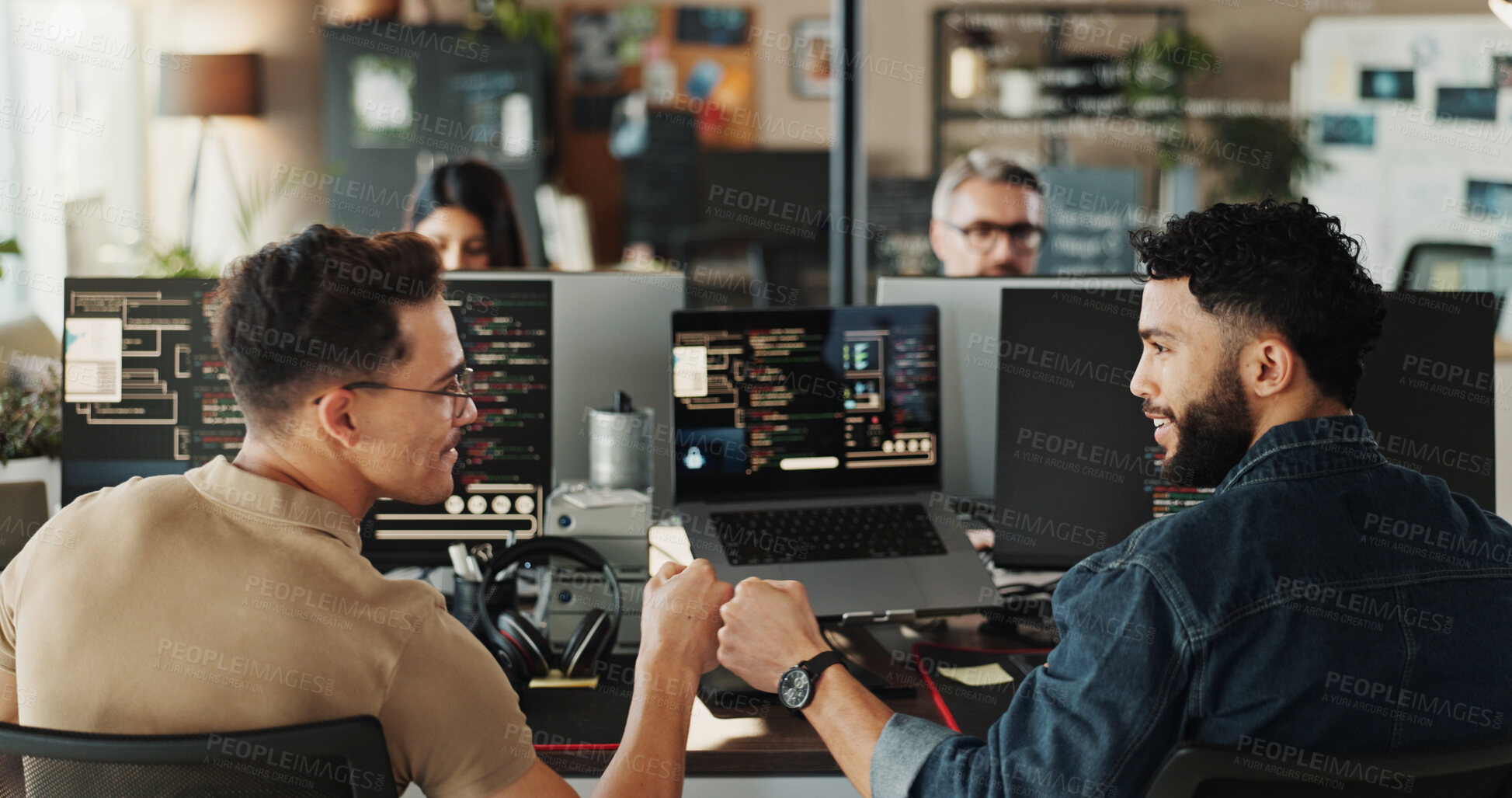 Buy stock photo Team, employee and fist bump with smile for coding, programing and software engineer system update. Celebration, creative people and happy for project management success, partnership and development