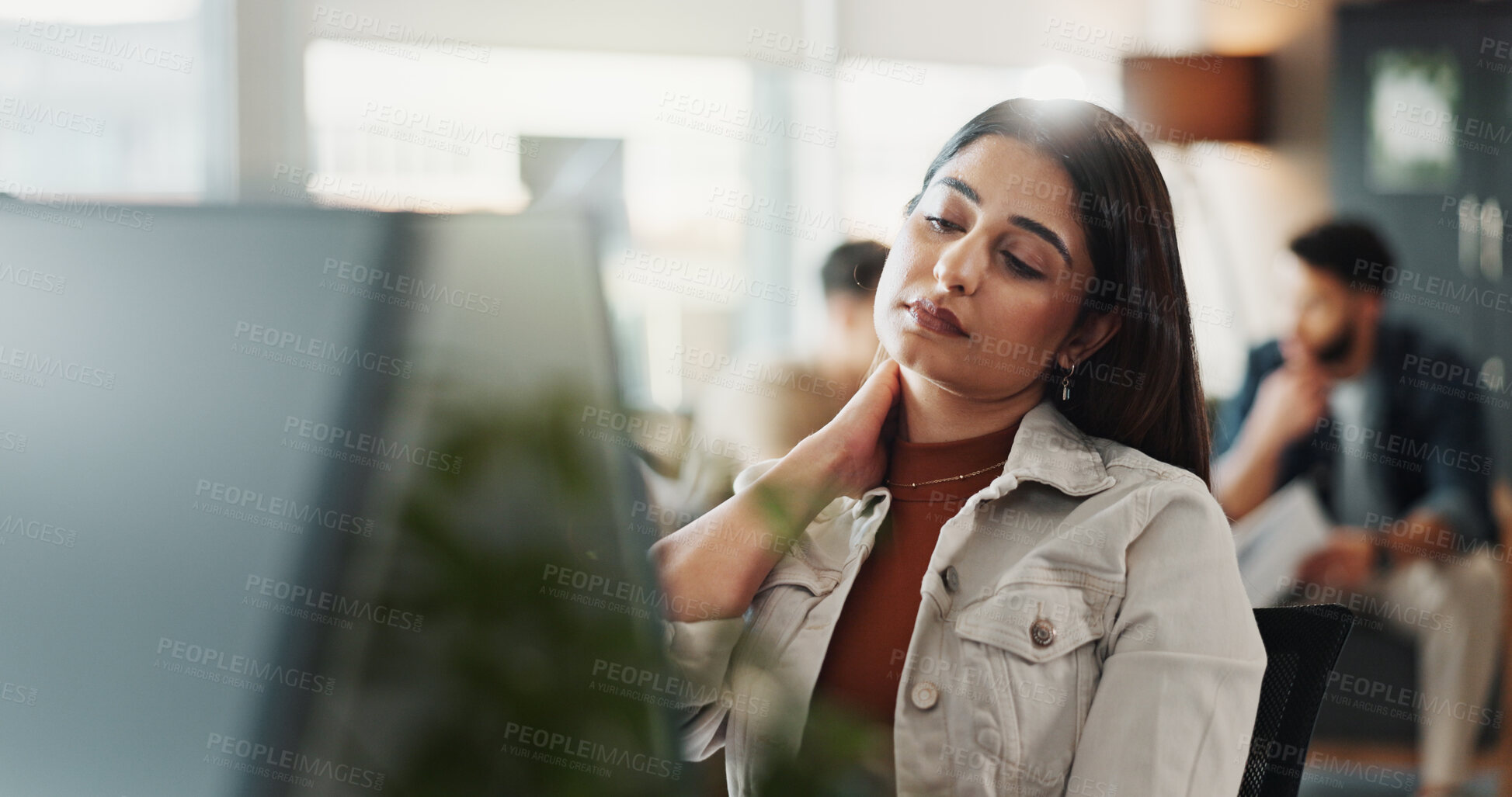 Buy stock photo Business, computer and woman with neck pain, tired and muscle tension with burnout. Person, magazine editor and journalist in office, pc and overworked with shoulder strain, inflammation and stress