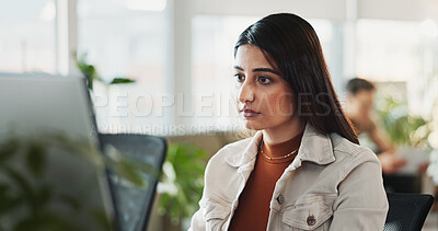 Buy stock photo Reading, research and computer with business woman in office for planning, networking and company newsletter. Website designer, client feedback and online with person in creative startup for proposal