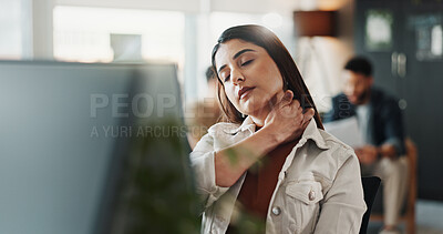 Buy stock photo Business, computer and woman in office, neck pain and muscle tension with stress. Person, magazine editor and journalist in workplace, pc and tired with shoulder strain, inflammation and burnout