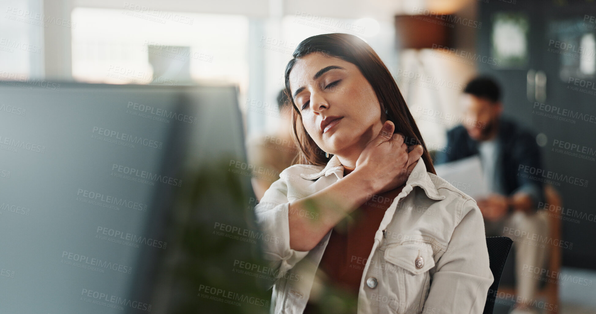 Buy stock photo Business, computer and woman in office, neck pain and muscle tension with stress. Person, magazine editor and journalist in workplace, pc and tired with shoulder strain, inflammation and burnout