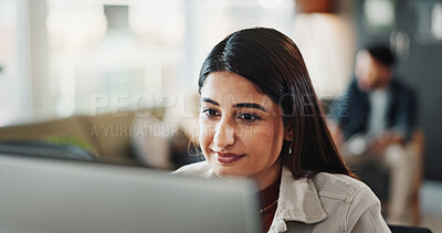 Buy stock photo Smile, research and computer with business woman in office for planning, networking and company newsletter. Website designer, client feedback and online with person in creative startup for proposal