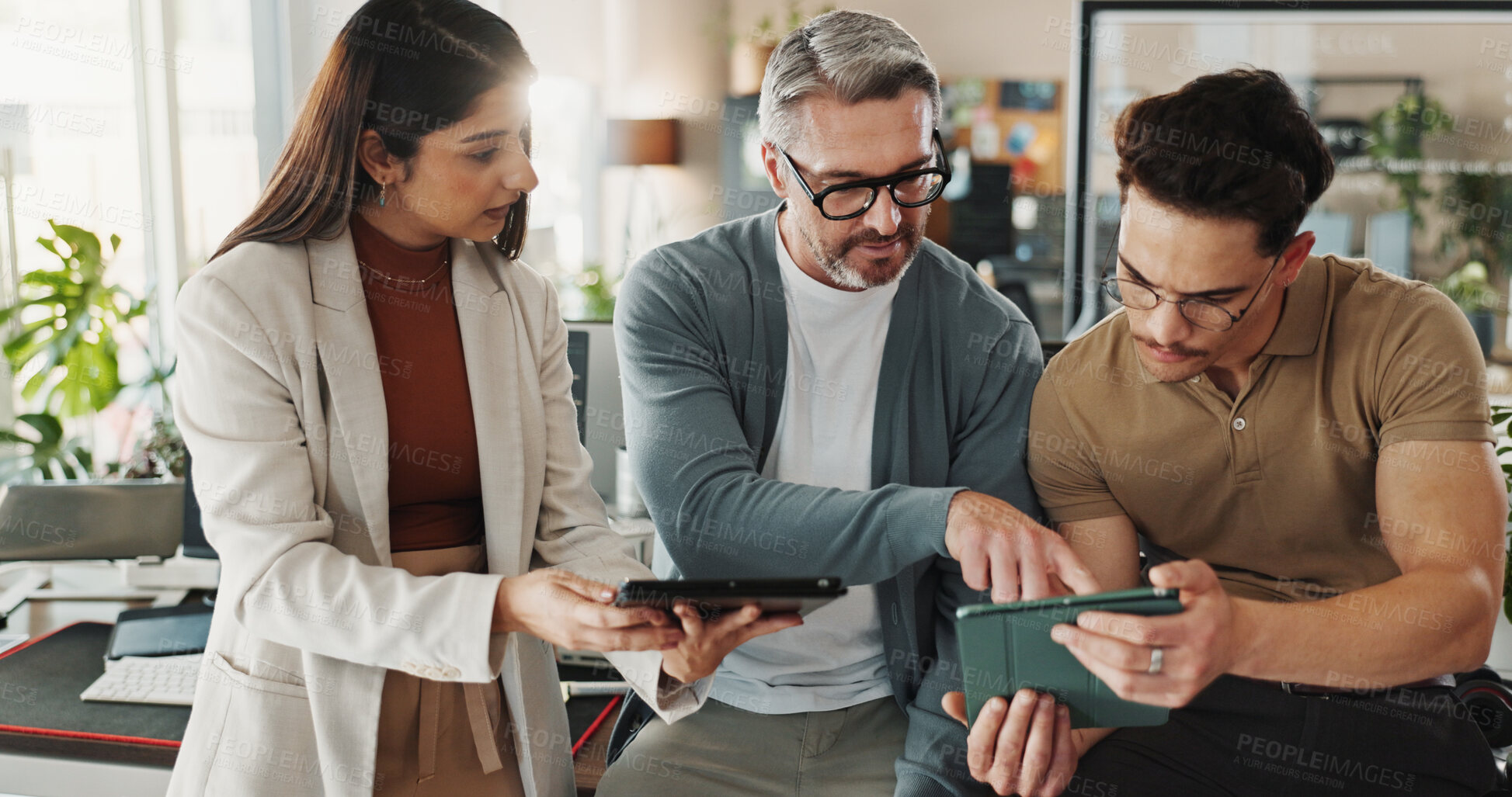 Buy stock photo Programmers, people and tablet in office for advice, help and problem solving in code. Programming team, tech and man pointing in agency with collaboration, project management or software development