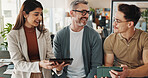 Creative, happy people and tablet in office for feedback, collaboration and positive review online. Coding, team and tech in agency for project management, app design or smile for successful code run