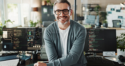 Buy stock photo Man, programmer and glasses in office for portrait, web development or software engineering on screen. Mature coder, happy or tech in agency for cybersecurity, programming or smile for startup growth