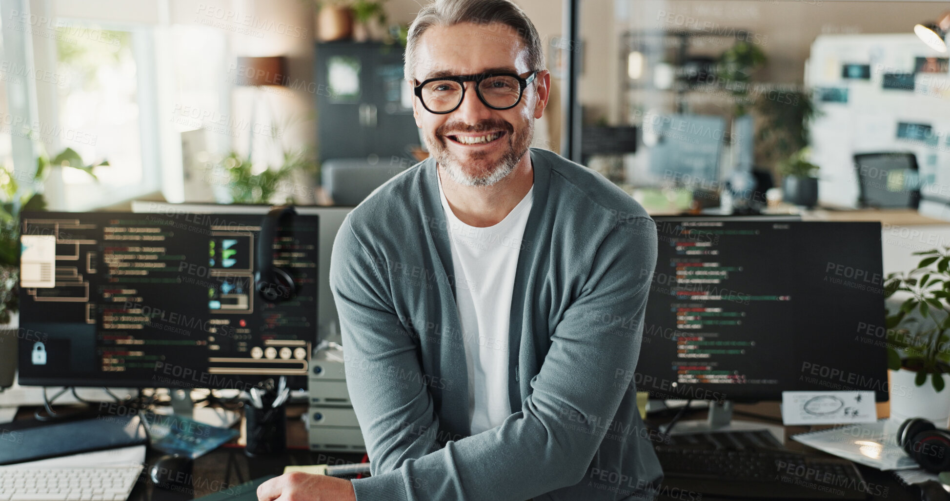 Buy stock photo Man, programmer and glasses in office for portrait, web development or software engineering on screen. Mature coder, happy or tech in agency for cybersecurity, programming or smile for startup growth