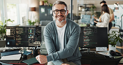 Buy stock photo Happy man, coder and glasses in office for portrait, website development and software engineering on screen. Mature programmer, smile and computer in agency for cybersecurity, programming and coding