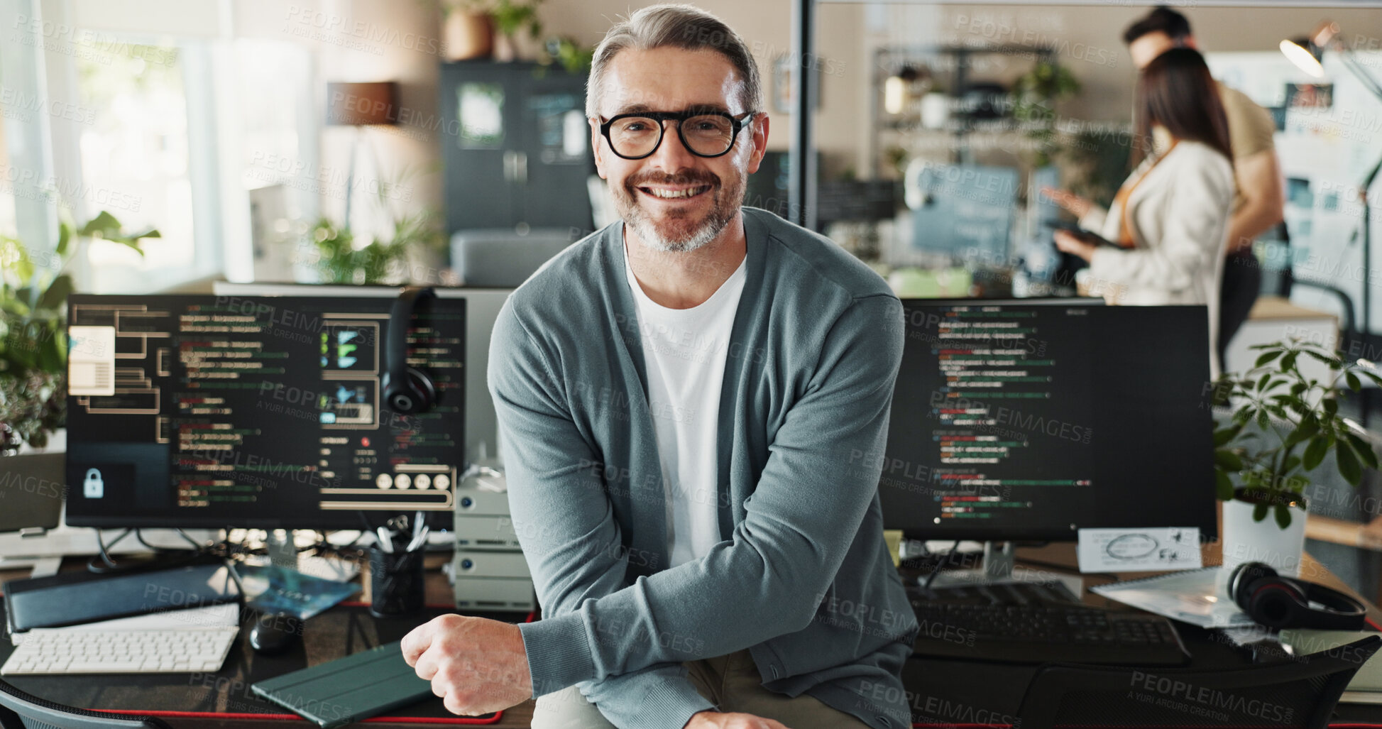 Buy stock photo Happy man, coder and glasses in office for portrait, website development and software engineering on screen. Mature programmer, smile and computer in agency for cybersecurity, programming and coding