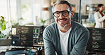 Man, engineer and glasses in office for portrait, web programming and software development on screen. Mature programmer, happy and tech in agency for cybersecurity, coding or smile for startup growth