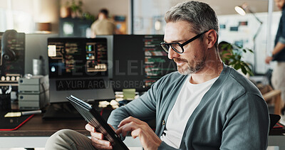 Buy stock photo Engineer, business man and code on tablet for software development, scroll or online update. Programmer, digital technology or mature manager design ui, website or game app in creative startup office