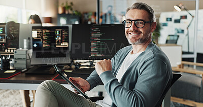 Buy stock photo Programmer, business man and portrait with tablet for software development, ai database and code online. Engineer, happy face and mature manager on digital technology with glasses in creative startup