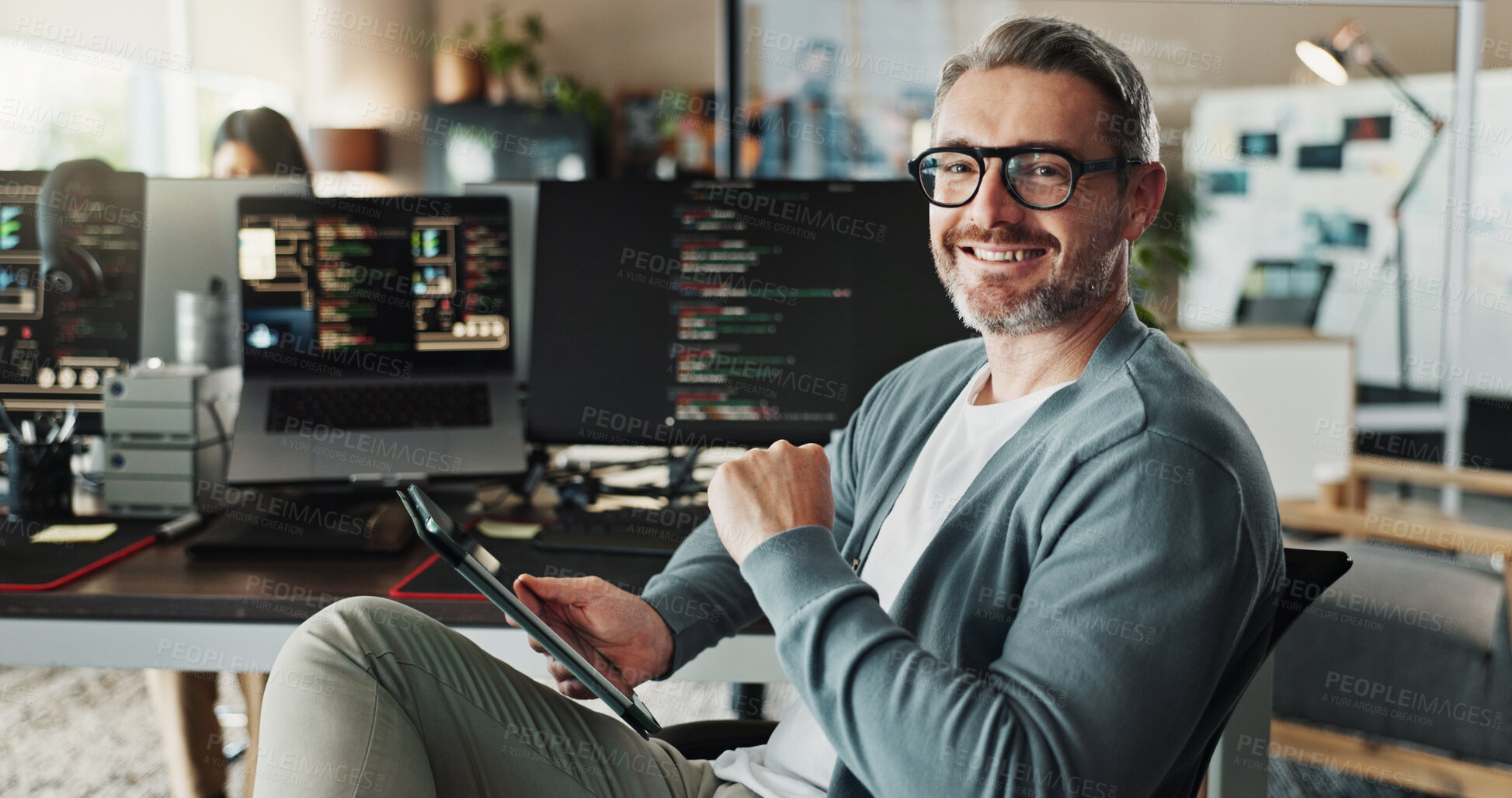 Buy stock photo Programmer, business man and portrait with tablet for software development, ai database and code online. Engineer, happy face and mature manager on digital technology with glasses in creative startup