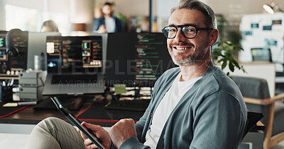 Buy stock photo Programmer, happy businessman and portrait with tablet for software development, ai database and code online. Engineer, face and mature manager on digital technology with glasses in creative startup