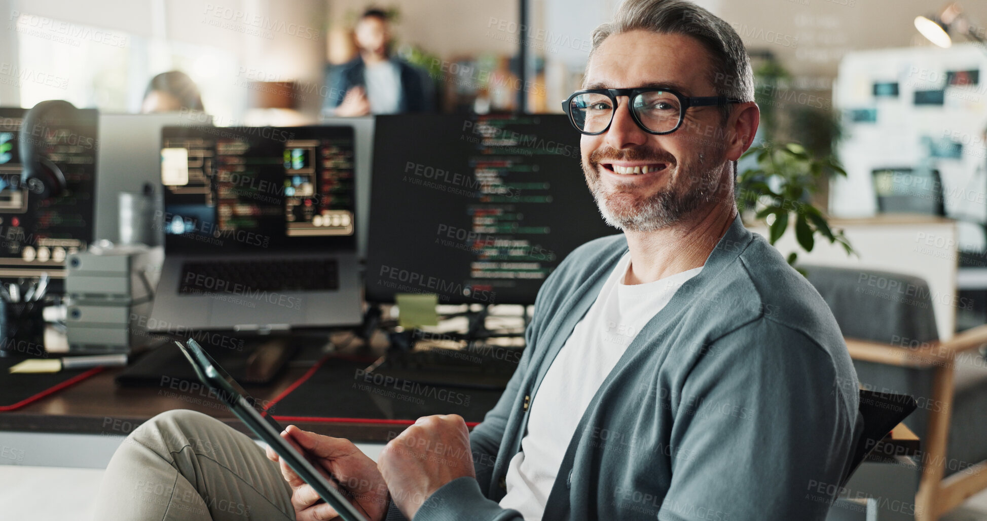 Buy stock photo Programmer, happy businessman and portrait with tablet for software development, ai database and code online. Engineer, face and mature manager on digital technology with glasses in creative startup