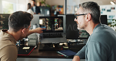 Buy stock photo Man, developer and coding support on computer screen in office for testing web application and troubleshooting. Programming, employee or mentor with advice on developing software solution at startup