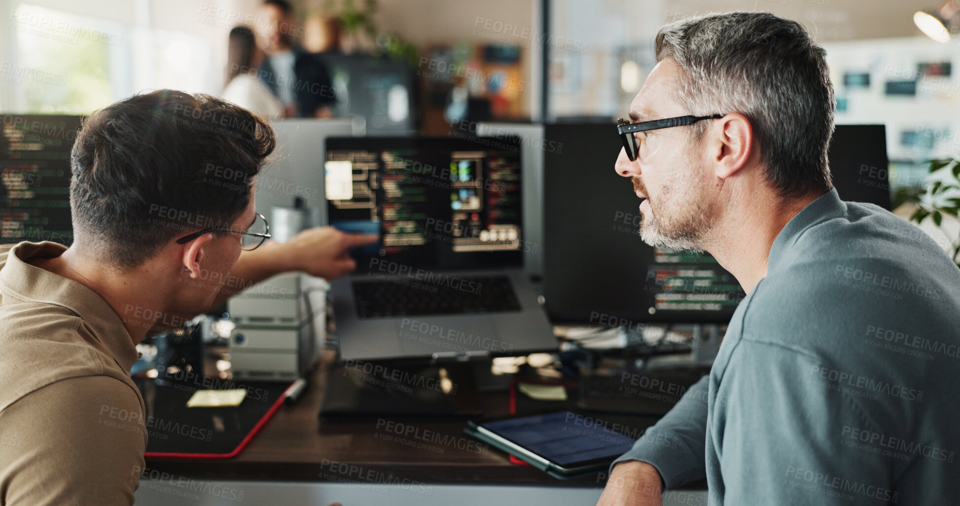 Buy stock photo Man, developer and coding support on computer screen in office for testing web application and troubleshooting. Programming, employee or mentor with advice on developing software solution at startup