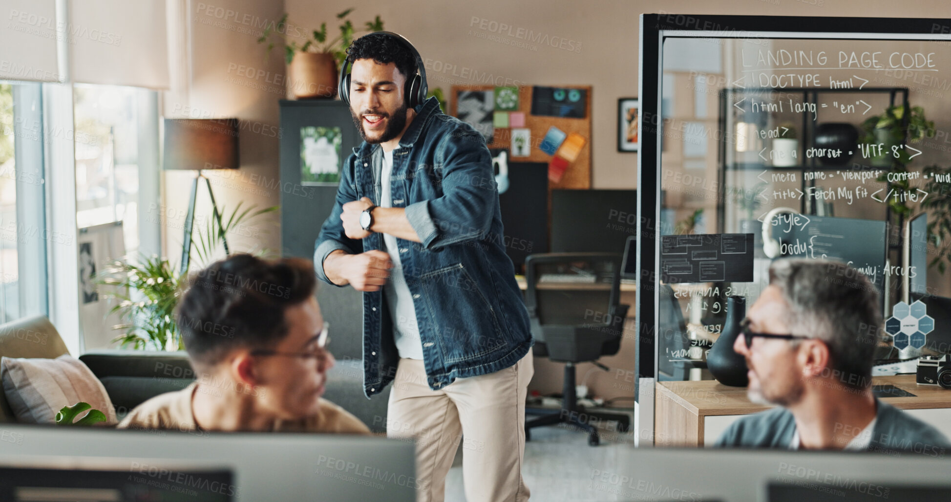 Buy stock photo Business, headphones and man dance to music or programmer celebrate software project success. Employee, radio or listening to audio, winner or excited engineer singing song at creative startup office