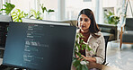 Woman, programmer or coding with computer screen for web design or software development at office. Female person, developer or designer with technology for programming or problem solving at workplace