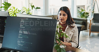 Buy stock photo Woman, programmer or coding with computer screen for web design or software development at office. Female person, developer or designer with technology for programming or problem solving at workplace