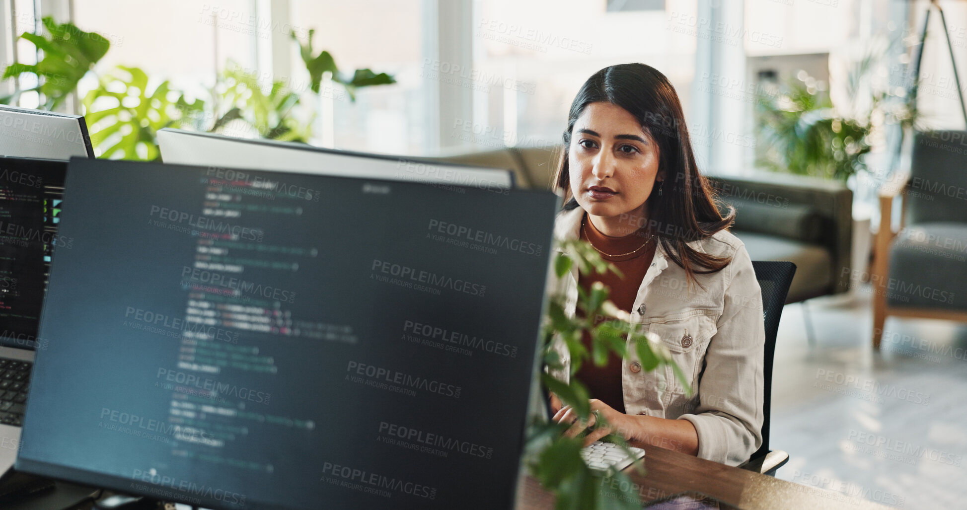 Buy stock photo Woman, programmer or coding with computer screen for web design or software development at office. Female person, developer or designer with technology for programming or problem solving at workplace