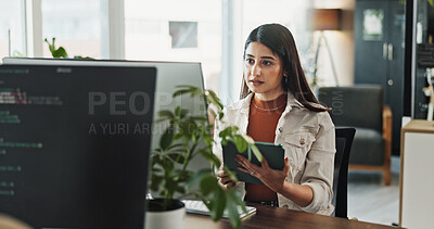 Buy stock photo Code, business woman and engineer on tablet for software development, scroll database or online update. Programmer, digital technology and design ui, website network or app in creative startup office