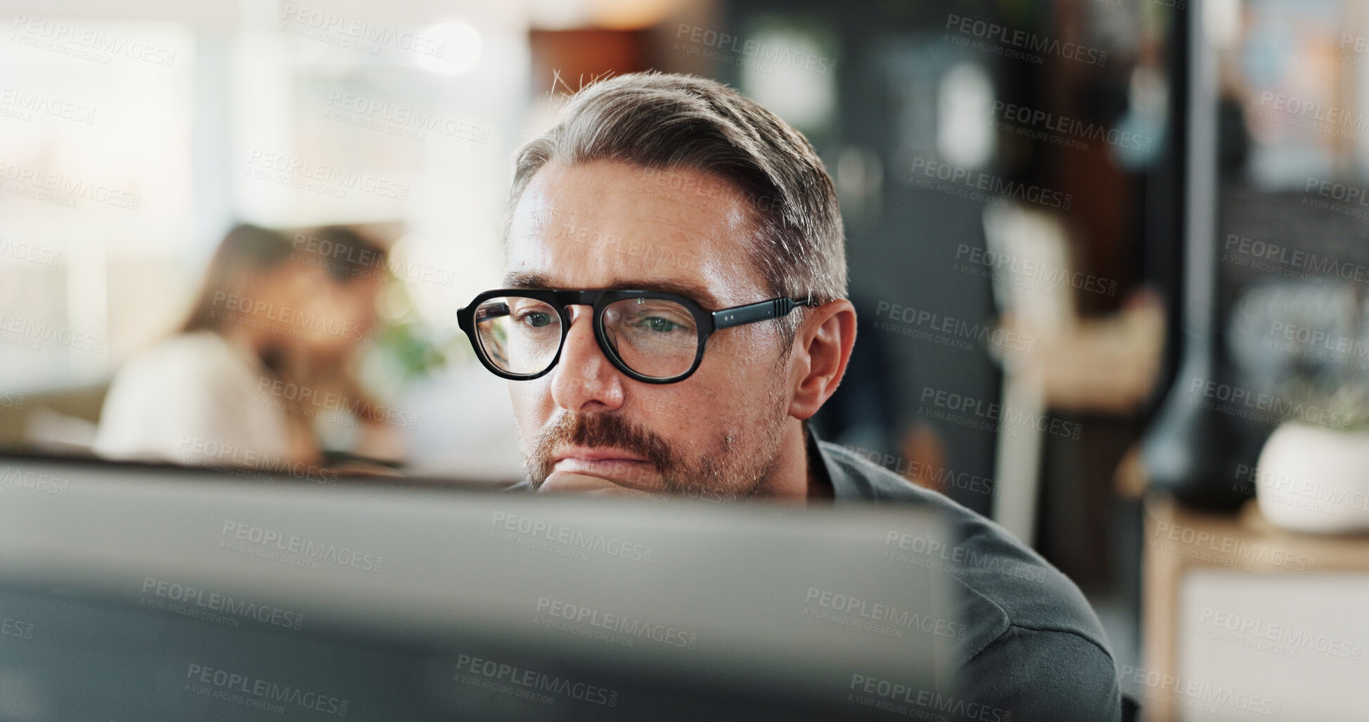 Buy stock photo Thinking, research and computer with business man in office for planning, networking or company newsletter. Website designer, reflection and online with mature person in creative startup for proposal