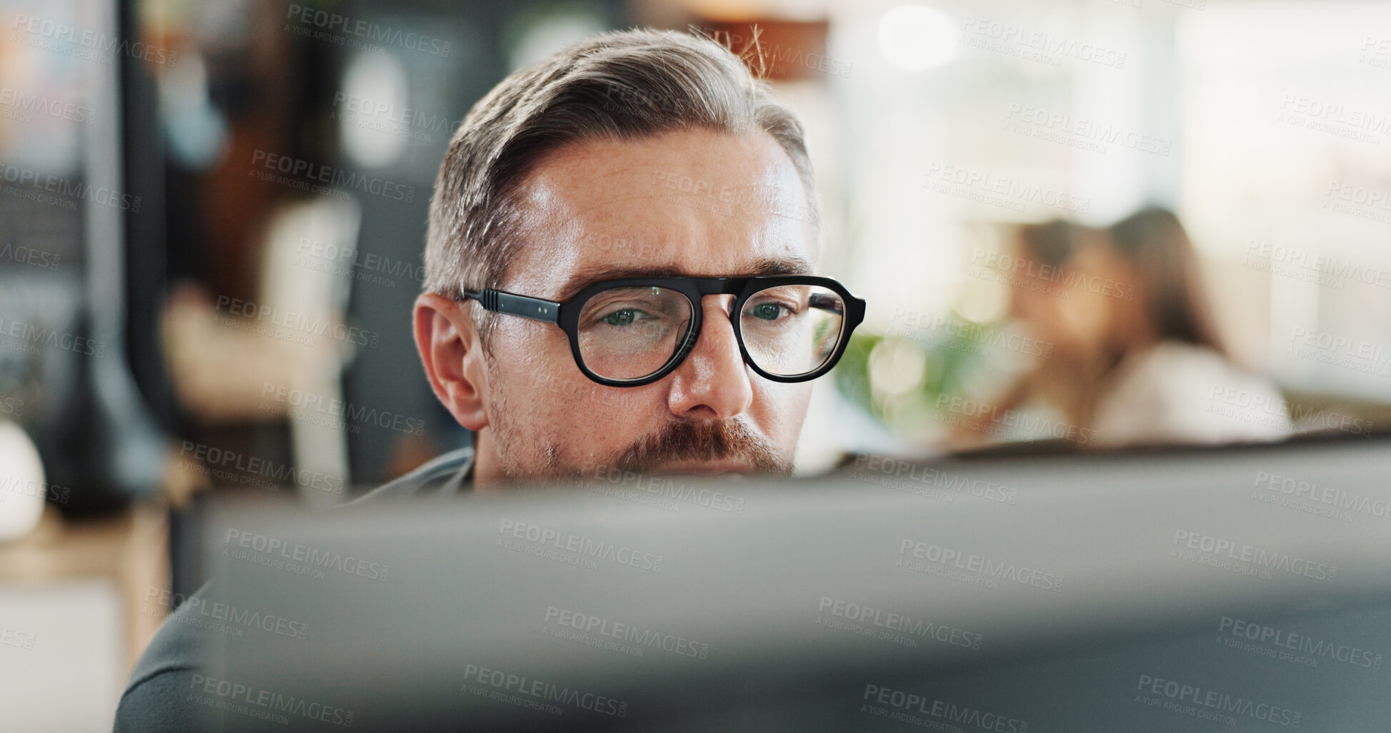 Buy stock photo Glasses, reading and computer with business man in office for planning, thinking or company newsletter. Website designer, vision and online with mature person in creative startup for proposal idea