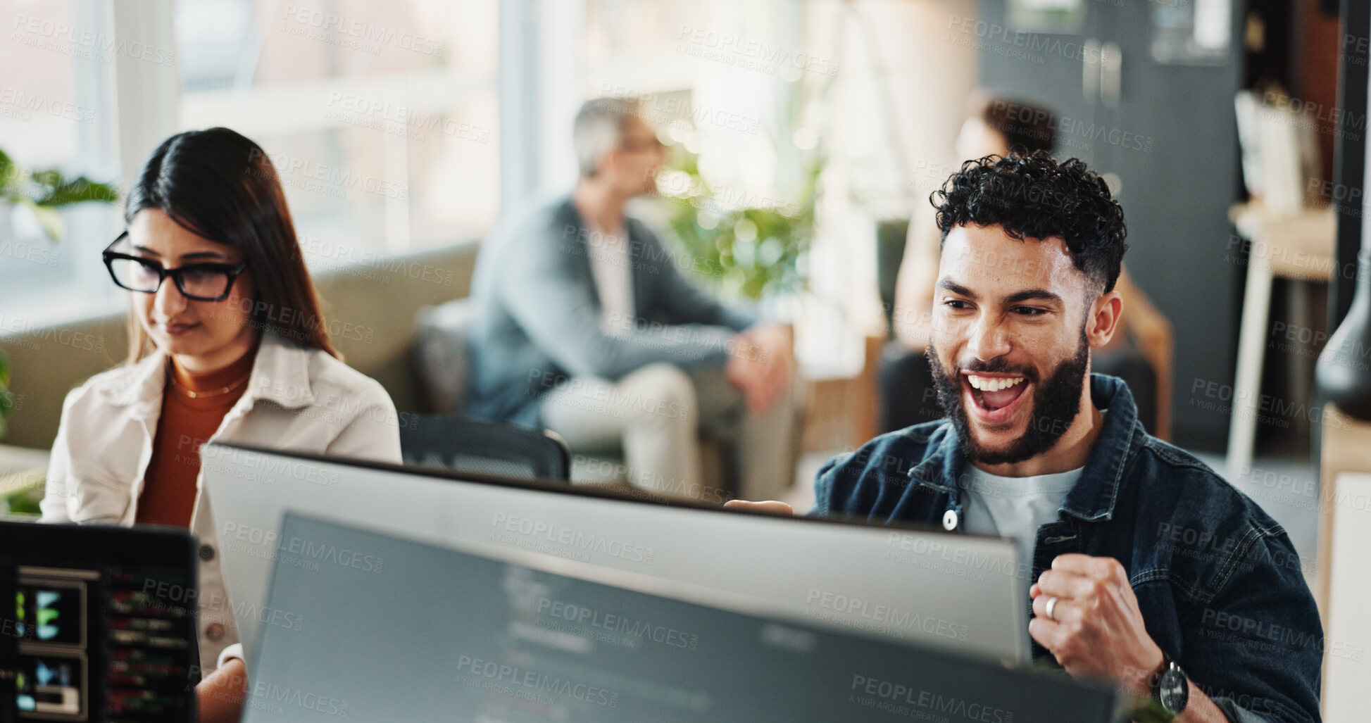 Buy stock photo Business man, happy and computer with fist bump, achievement and good news in office. Success, internet and promotion with excited designer, professional and web design with smile and job bonus