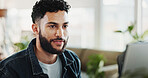 Smile, planning and computer with business man in office for research, networking and company newsletter. Website designer, client feedback and online with person in creative startup for proposal