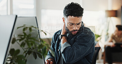 Buy stock photo Business, computer and man in office, neck pain and muscle tension with burnout. Person, magazine editor and journalist in workplace, pc and tired with shoulder strain, inflammation and stress