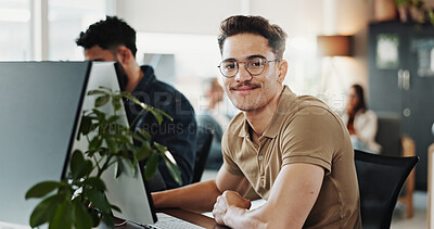 Buy stock photo Computer, portrait and web development with man in creative workplace for coding or design. Cybersecurity, language and system infrastructure with programmer person in office as website developer