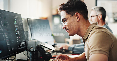 Buy stock photo Computer, programming and web development with coder man in creative workplace for design. Coding, reading language and system infrastructure with employee person in office as website developer