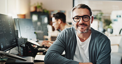 Buy stock photo Man, coder and glasses in office for portrait, website development and software engineering at tech. Mature programmer, smile and pride in agency for cybersecurity, programming and coding startup