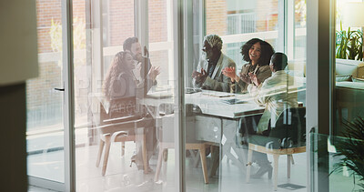 Buy stock photo Business people, applause and happy in office for achievement, company growth and support for promotion. Corporate team, clapping and excited in boardroom for new employee, investment success or news