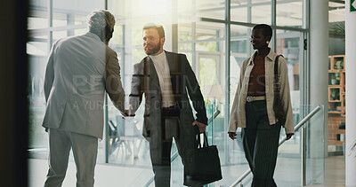 Buy stock photo Corporate, men and handshake for welcome in office with partnership, introduction and meeting success. People, greeting and agreement respect with promotion deal, onboarding offer and b2b opportunity