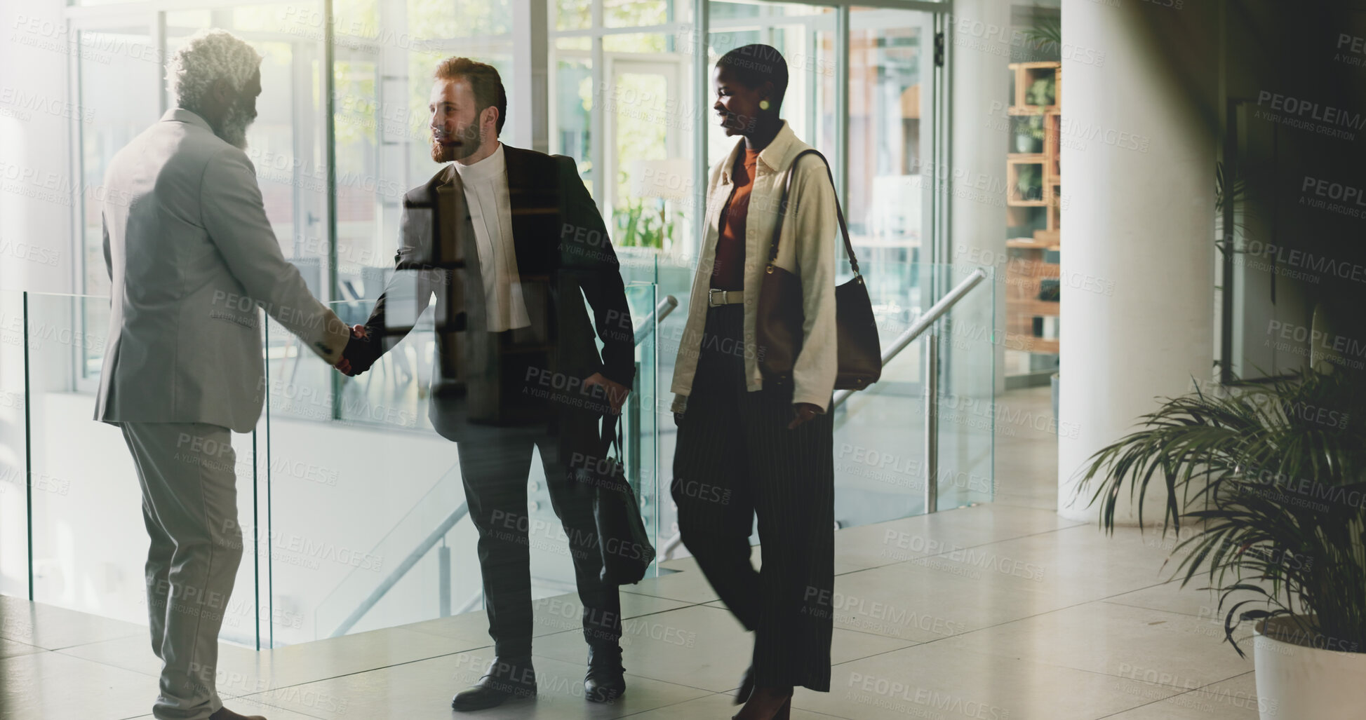 Buy stock photo Business, people and handshake for welcome in office with partnership, introduction and meeting success. Staff, greeting and agreement respect for promotion deal, onboarding offer and b2b opportunity