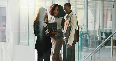 Buy stock photo Business people, teamwork and women in office, tablet and online reading for news. Employees, empowerment and group in workplace, tech or cooperation with digital app for social media or website info