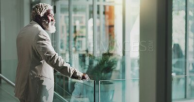 Buy stock photo Business, black man and thinking for ideas at office as ceo for real estate company as property developer. Mature person, corporate and confident at workplace for investment opportunity or ambition