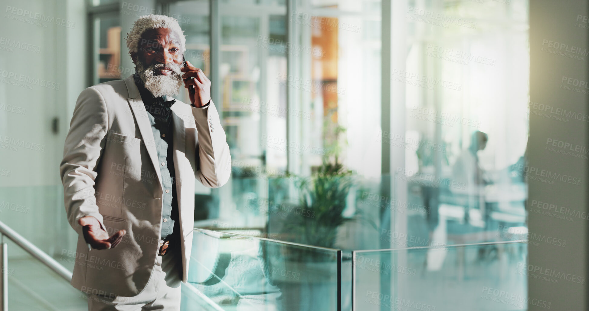 Buy stock photo Business, black man and conversation at office in phone call for communication or networking as property developer. Mature person, ceo and discussion at workplace for investment returns and growth