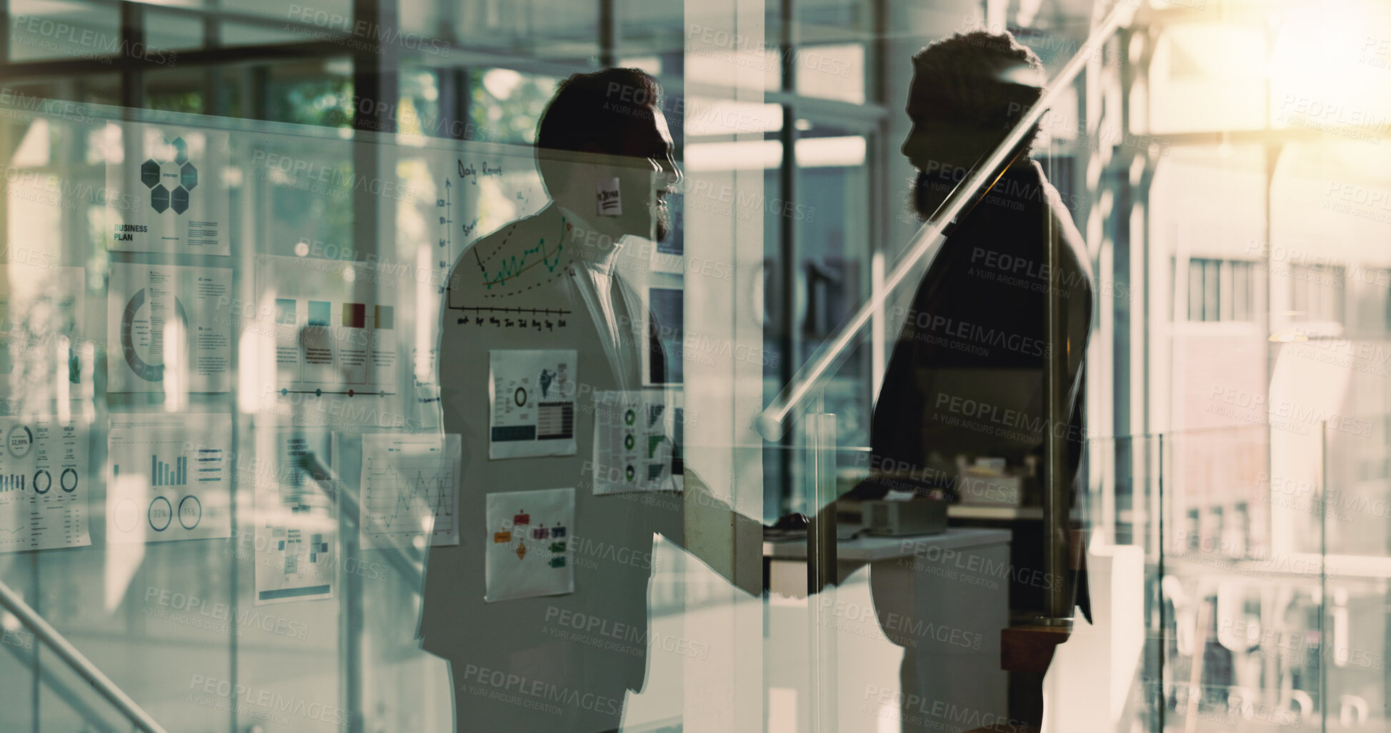 Buy stock photo Business, men and handshake for meeting in office with partnership, introduction and interview success. Silhouette, people and agreement with promotion offer, onboarding greeting and b2b opportunity