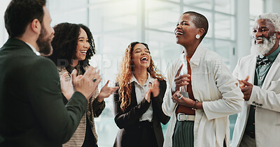 Buy stock photo Business people, applause and celebration in office for prize, achievement or employee development. Team, clapping and support in workplace for congratulations, success or award winner with diversity