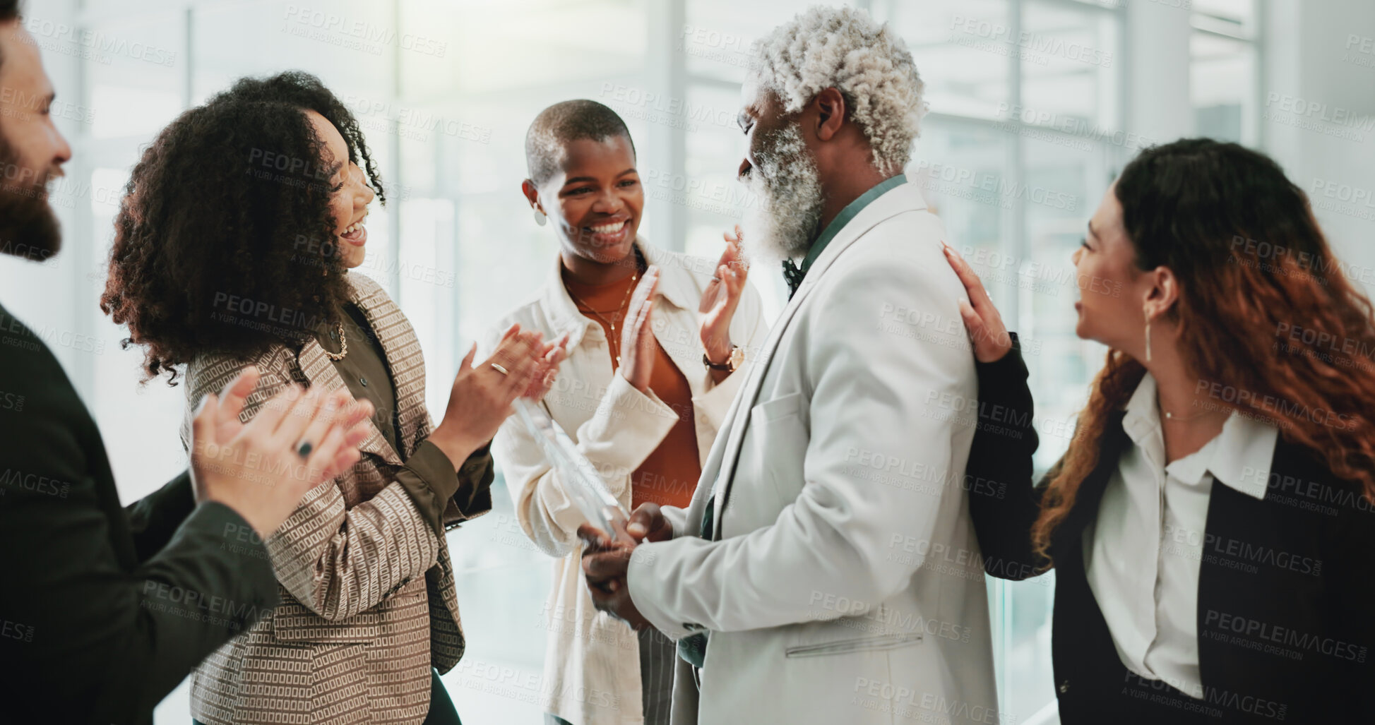 Buy stock photo Business people, applause and support in office for award, achievement or employee development. Team, clapping and celebration in workplace for congratulations, success or prize winner with diversity