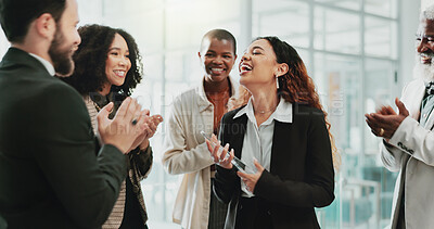Buy stock photo Business people, applause and congratulations in office for award, achievement or employee development. Team, clapping and support in workplace for celebration, success or prize winner with diversity