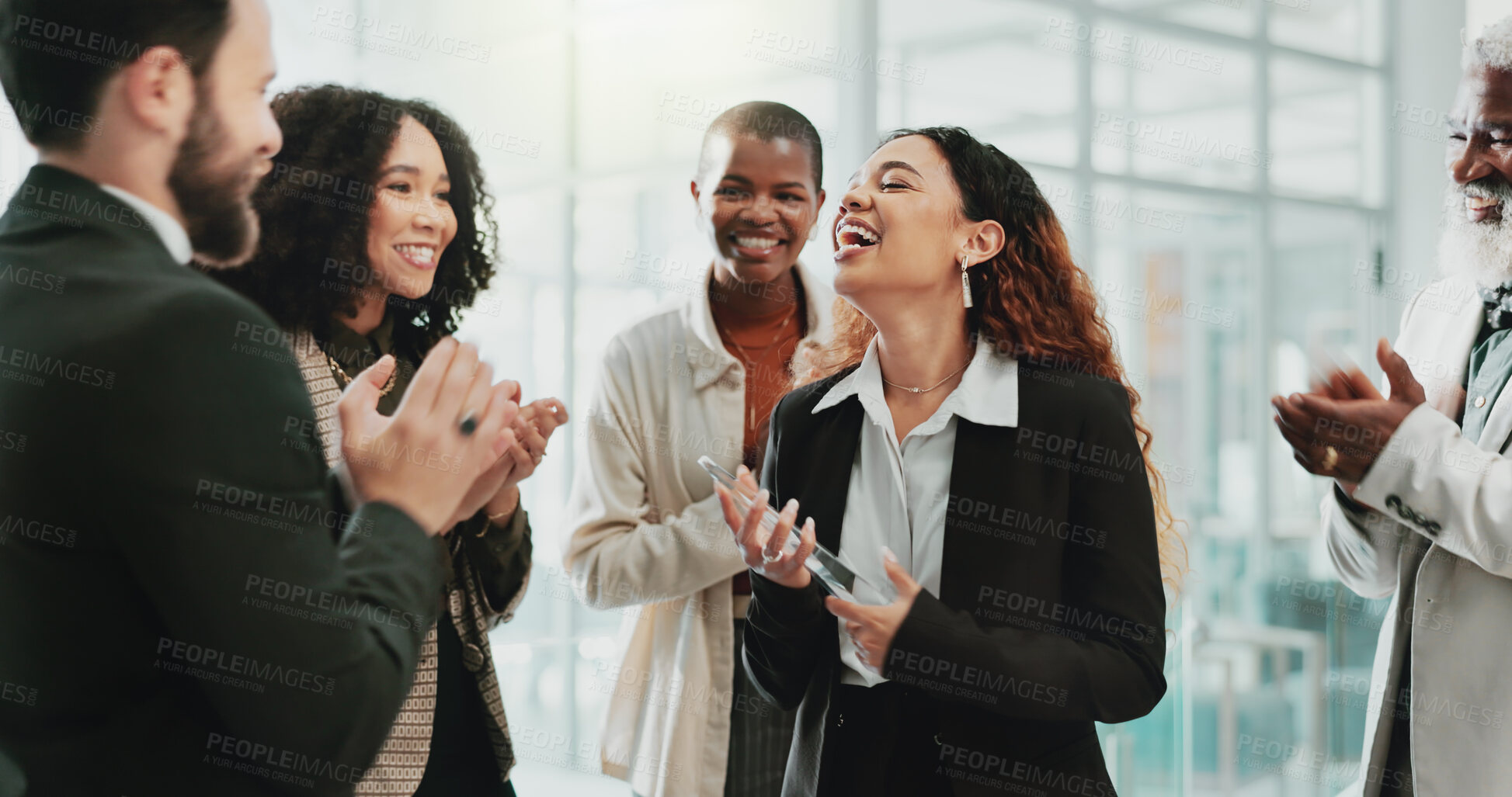 Buy stock photo Business people, applause and congratulations in office for award, achievement or employee development. Team, clapping and support in workplace for celebration, success or prize winner with diversity