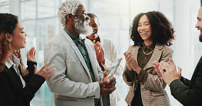 Buy stock photo Business people, applause and celebration in workplace for award, achievement or employee development. Team, clapping and support in office for congratulations, success or prize winner with diversity
